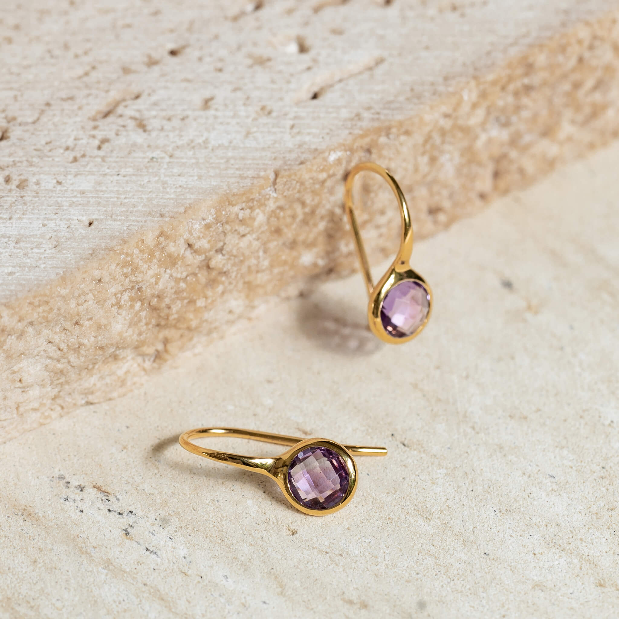 14K Gold Amethyst Drop Earrings - 6mm Hand-Cut Gemstones
