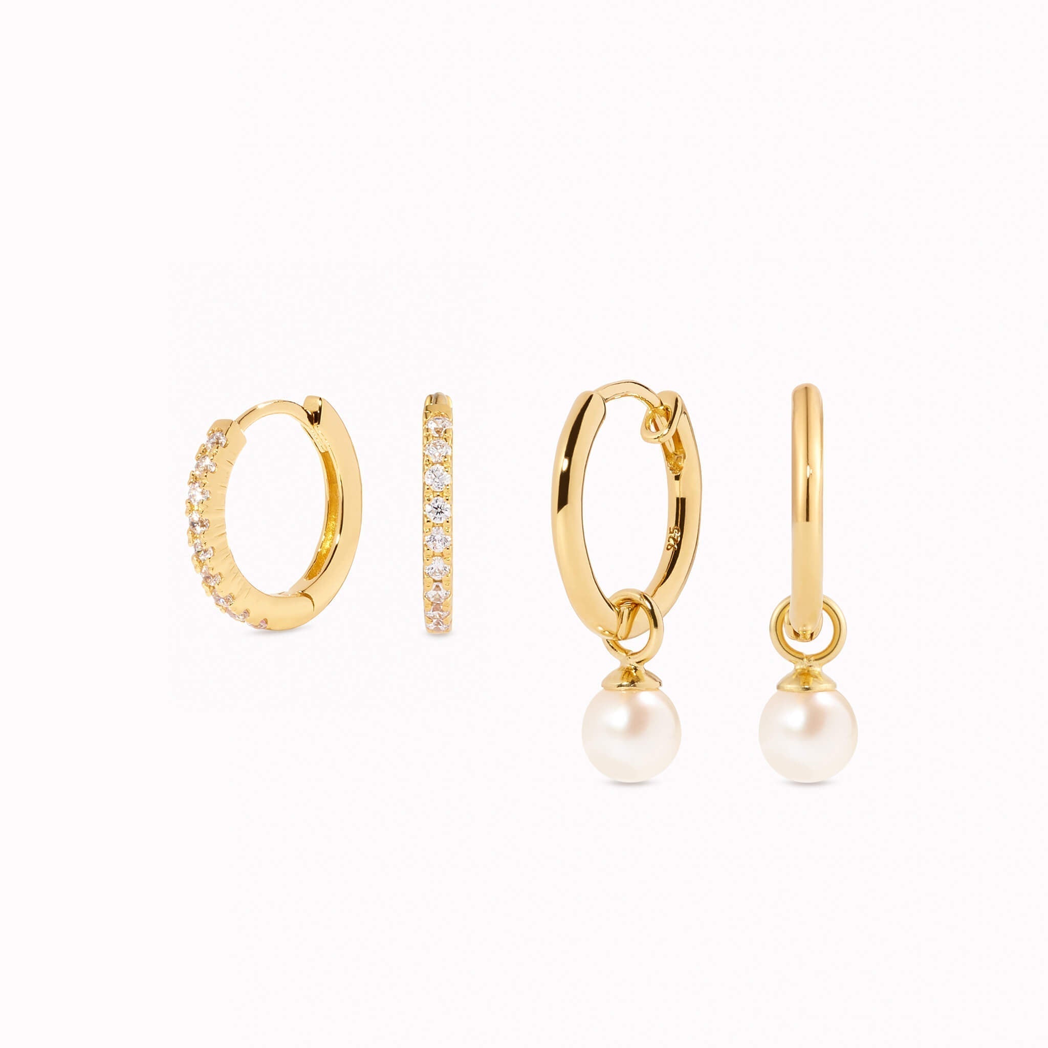14K Gold Everyday Huggie Earrings Duo - Pearl & Topaz Set
