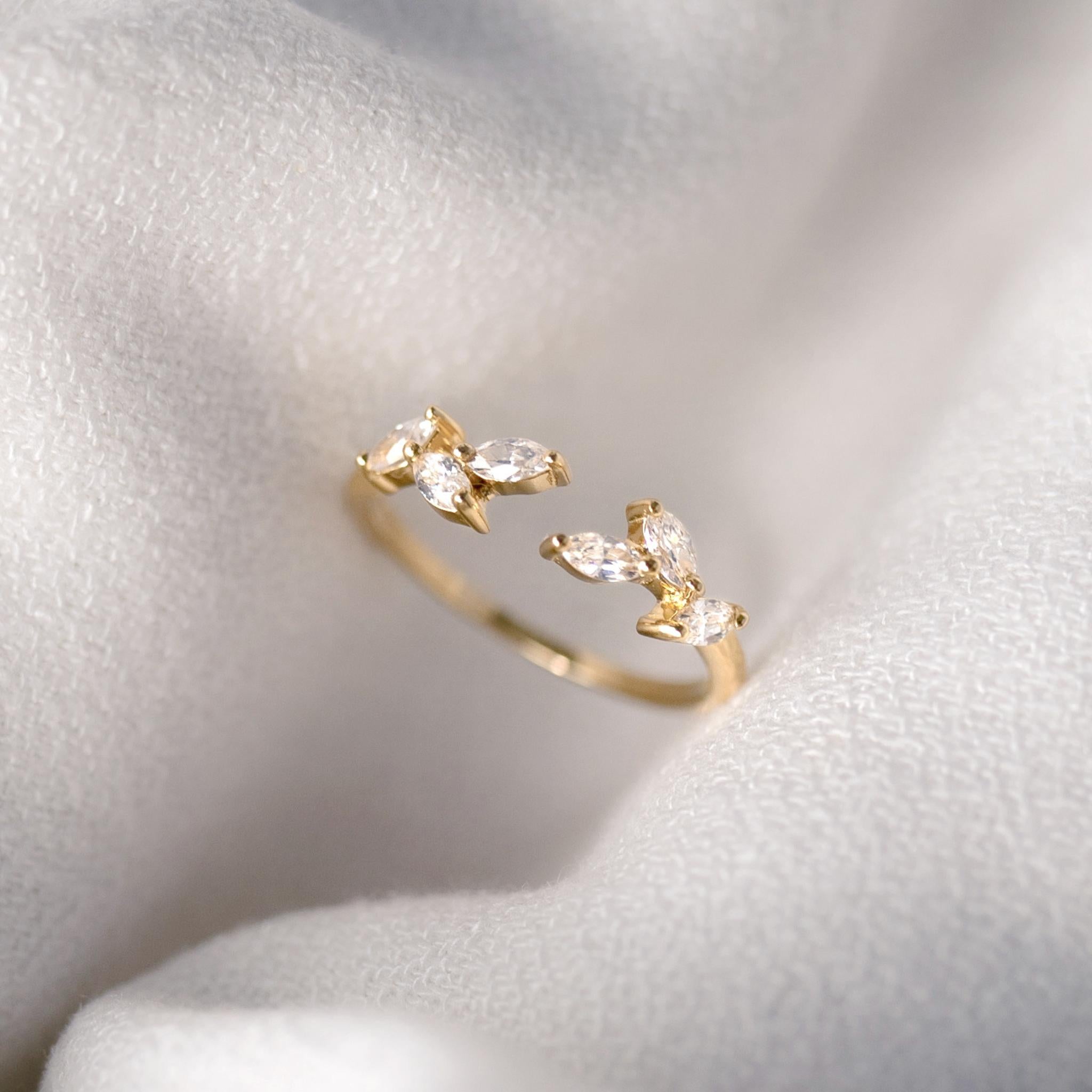 14k Gold  Open Diamond Leaf Ring