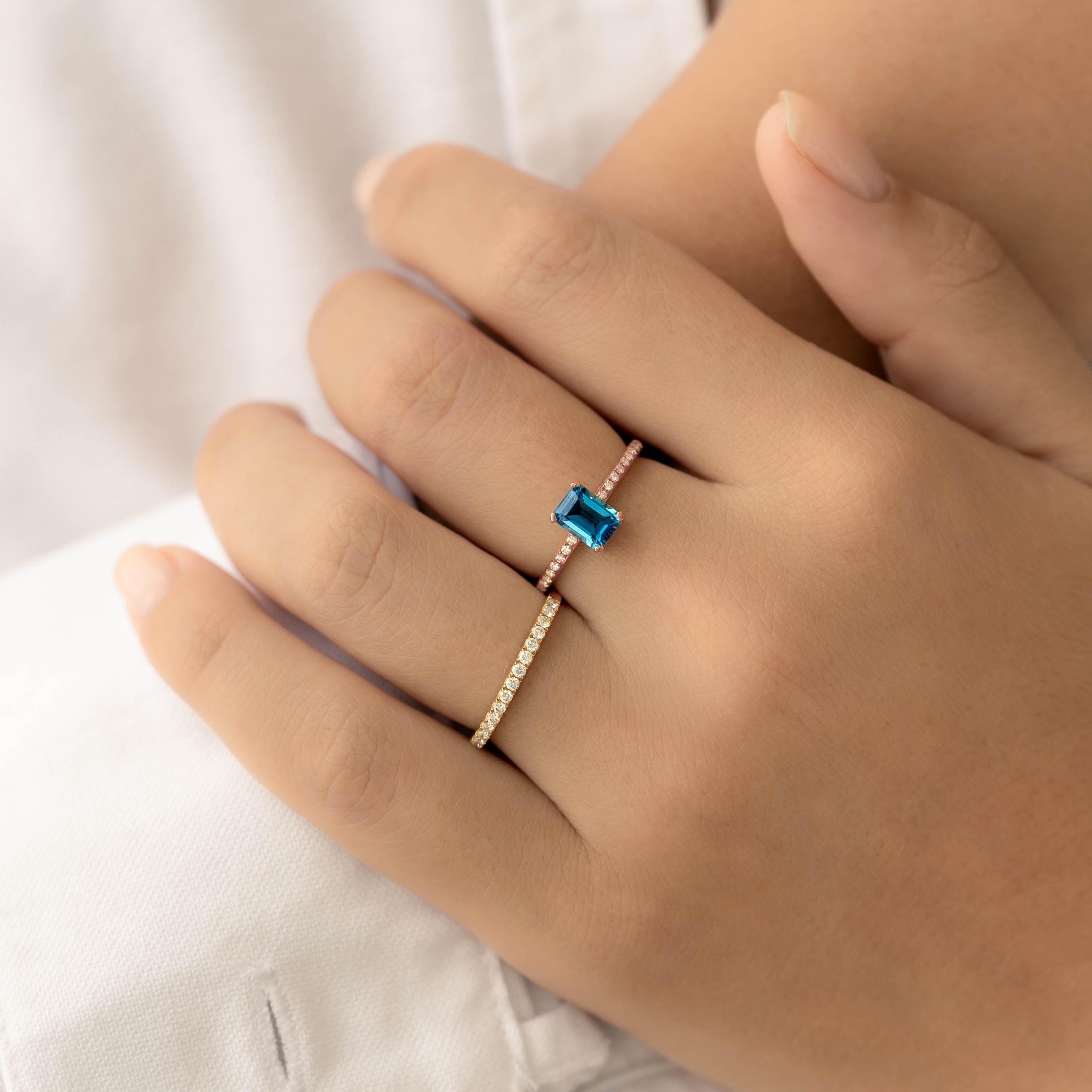 14K Gold Baguette Blue Topaz and Diamond Ring