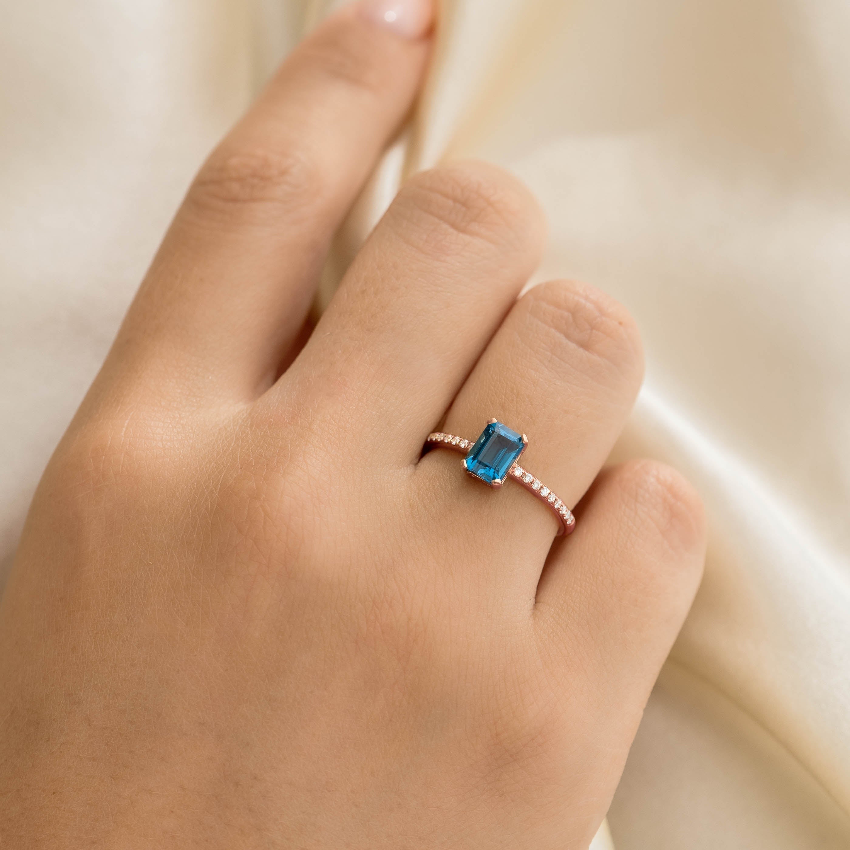 14K Gold Baguette Blue Topaz and Diamond Ring